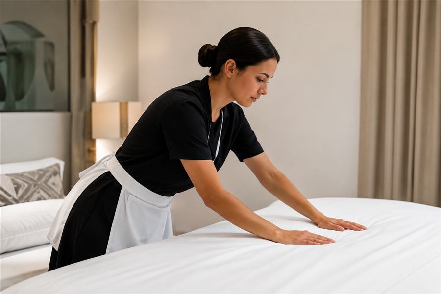 Camarera de pisos haciendo la cama